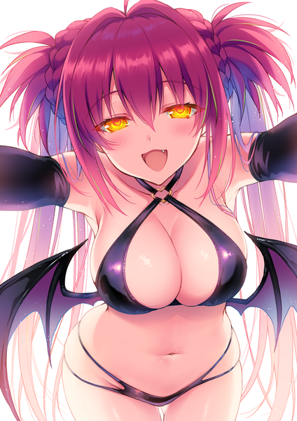 Anime picture 1013x1432 with original 2980 single long hair tall image looking at viewer blush fringe breasts open mouth light erotic hair between eyes large breasts twintails yellow eyes red hair braid (braids) fang (fangs) symbol-shaped pupils demon wings
