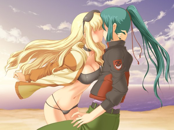 Anime picture 1280x960 with macross macross frontier sheryl nome saotome alto aokihoshi long hair light erotic blonde hair blue hair ponytail eyes closed green hair beach kiss swimsuit bikini jacket sea sunglasses