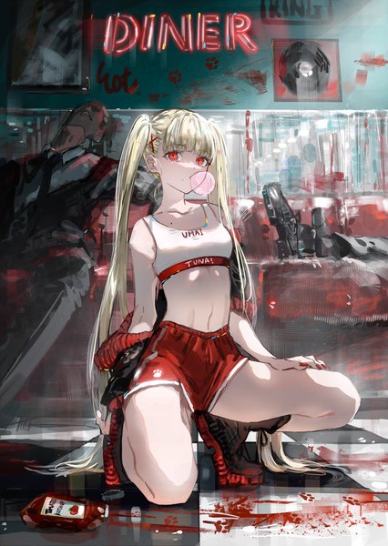 Anime picture 2907x4096 with original nanaponi long hair tall image looking at viewer fringe highres blonde hair red eyes twintails full body bent knee (knees) indoors blunt bangs nail polish fingernails off shoulder mole open jacket squat