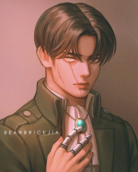 Anime picture 1080x1350 with shingeki no kyojin production i.g levi (rivaille) karmenloh single tall image looking at viewer fringe short hair simple background hair between eyes brown hair signed upper body lips black eyes grey eyes heterochromia hand on chest portrait