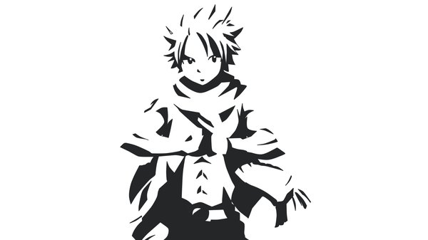 Anime picture 1920x1080 with fairy tail natsu dragneel kiro (mieru) single looking at viewer highres short hair simple background wide image standing white background monochrome spiked hair high contrast flat color boy scarf fist
