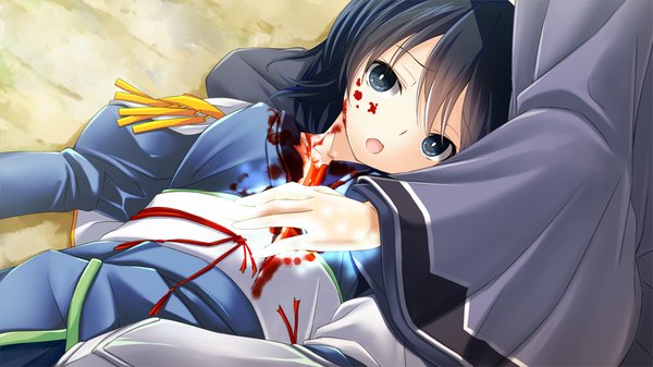 Anime picture 1280x720 with sengoku hime long hair open mouth blue eyes black hair wide image game cg girl blood