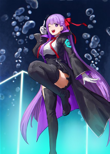 Anime picture 893x1253 with fate (series) fate/extra fate/extra ccc bb (fate) (all) bb (fate/extra) aohki mimei single tall image open mouth standing purple eyes looking away purple hair very long hair one eye closed from below standing on one leg ;d girl gloves