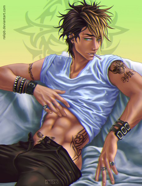 Anime picture 1280x1680 with original ralipb single tall image short hair blue eyes light erotic blonde hair brown hair signed multicolored hair two-tone hair tattoo piercing muscle open pants boy navel earrings bracelet