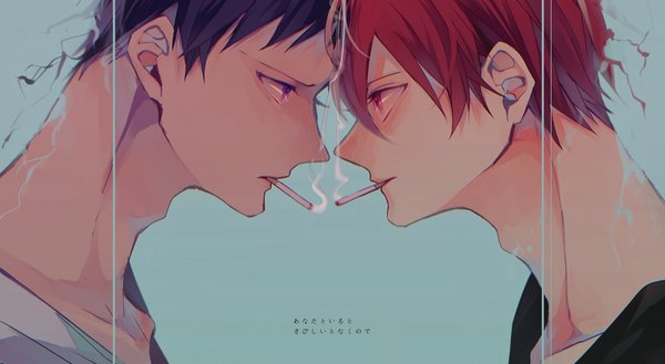 Anime-Bild 890x489 mit kuroko no basket production i.g aomine daiki akashi seijuurou hanamori short hair black hair simple background red eyes wide image purple eyes upper body red hair profile multiple boys smoke face to face eye contact smoking aqua background