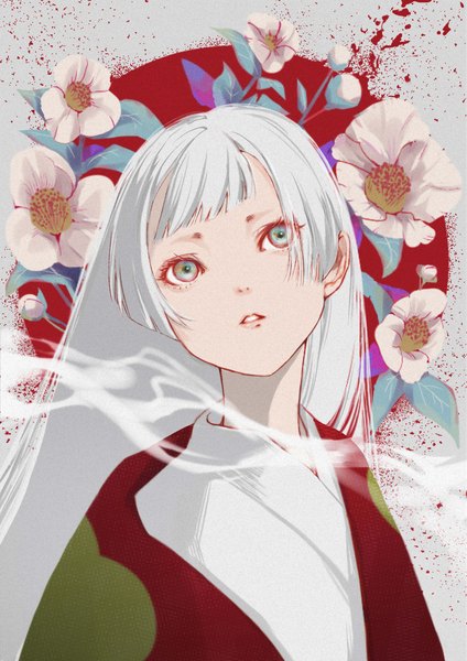 Anime picture 2894x4093 with heike monogatari biwa (heike monogatari) peropicnic single long hair tall image fringe highres green eyes payot silver hair upper body blunt bangs traditional clothes parted lips japanese clothes looking up smoke girl flower (flowers)