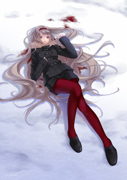 Anime picture 1431x2025 with original nana mikoto single tall image looking at viewer purple eyes lying very long hair grey hair girl pantyhose shoes jacket hairband blood