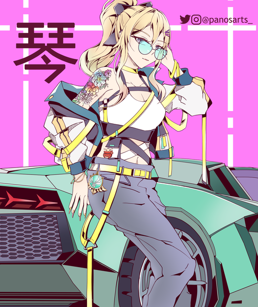 Anime picture 1260x1500 with genshin impact jean gunnhildr panos (ssgpanos) single long hair tall image blonde hair purple eyes signed cleavage ponytail nail polish fingernails off shoulder open jacket tattoo alternate costume character names twitter username pink background