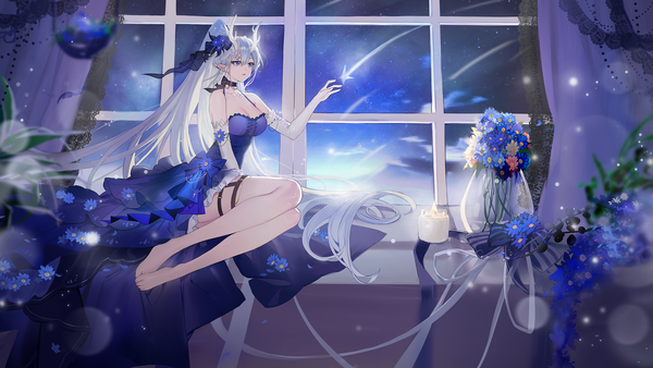 Anime picture 1920x1080 with original zuo600 single fringe highres breasts blue eyes hair between eyes wide image large breasts sitting looking away cleavage cloud (clouds) full body bent knee (knees) white hair ponytail indoors very long hair