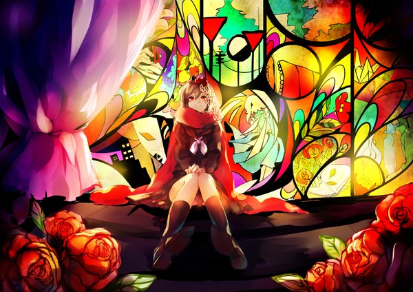 Anime picture 3507x2480 with kagerou project shaft (studio) tateyama ayano yelsh single long hair looking at viewer fringe highres smile red eyes brown hair sitting absurdres pleated skirt girl skirt uniform flower (flowers) school uniform