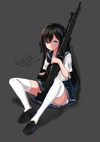 Anime picture 2480x3507 with original allenes single long hair tall image looking at viewer blush highres blue eyes black hair signed grey background girl thighhighs skirt uniform weapon school uniform white thighhighs gun