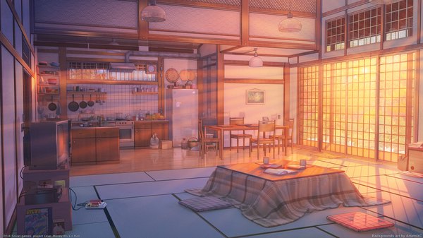 Anime picture 1920x1080 with love money rock'n'roll original nintendo arsenixc highres wide image signed indoors sunlight copyright name evening no people sunbeam 2016 seigaiha chair table lamp sliding doors tatami