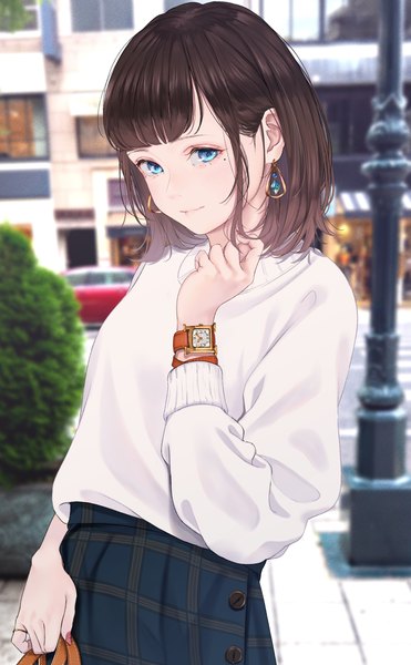Anime picture 1461x2361 with original saitou (lynx-shrike) single tall image looking at viewer blush fringe short hair blue eyes smile brown hair standing holding outdoors nail polish fingernails blurry mole depth of field mole under eye