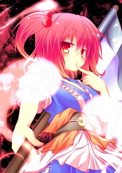 Anime picture 2477x3500 with touhou onozuka komachi wakagi repa single tall image blush highres short hair red eyes red hair finger to mouth ghost girl hair ornament weapon hair tie hair bobbles scythe