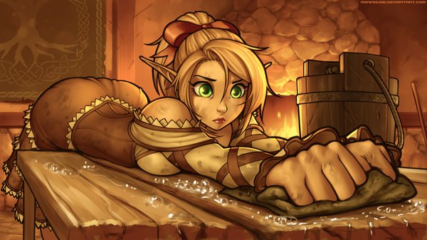Anime picture 1920x1080 with original lin (ronin dude) ronin dude (ray cornwell) single highres short hair blonde hair wide image green eyes lips pointy ears waitress girl bow hair bow bucket