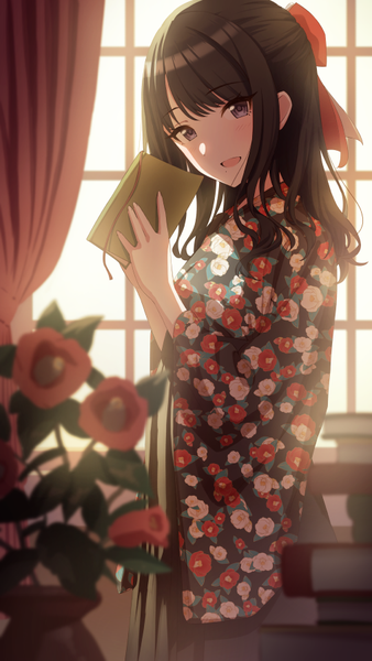 Anime picture 506x899 with idolmaster idolmaster shiny colors kazano hiori amochin single long hair tall image looking at viewer fringe open mouth black hair indoors traditional clothes :d japanese clothes black eyes floral print girl flower (flowers) bow