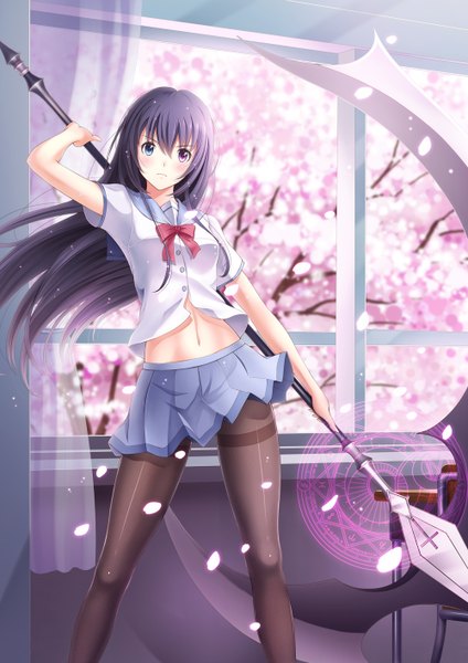 Anime picture 1000x1414 with original ltt challenger single long hair tall image looking at viewer blush blue hair midriff heterochromia cherry blossoms girl skirt navel uniform weapon plant (plants) petals pantyhose tree (trees)