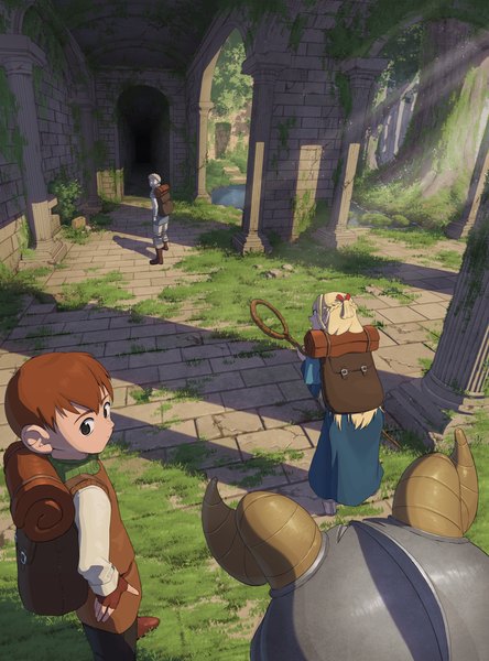 Anime-Bild 1702x2300 mit dungeon meshi studio trigger marcille donato laios touden senshi (dungeon meshi) chilchuck tims donko (oyashira zu35) long hair tall image highres short hair blonde hair brown hair horn (horns) from above from behind sunlight multiple boys hand on hip ruins