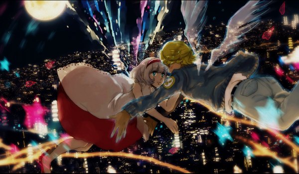 Anime picture 2522x1470 with tiger & bunny sunrise (studio) keith goodman cis (tiger & bunny) fringe highres short hair blonde hair wide image aqua eyes night city cityscape flying girl dress boy wings star (stars) full moon