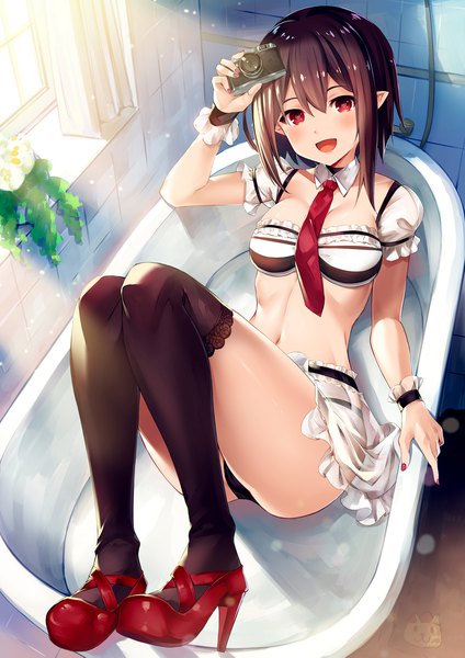 Anime picture 1654x2339 with touhou shameimaru aya akanagi youto single tall image looking at viewer blush fringe short hair breasts open mouth light erotic smile hair between eyes red eyes brown hair cleavage full body indoors nail polish