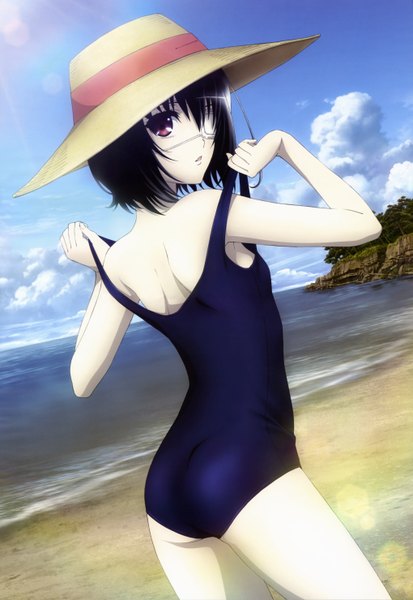 Anime picture 4076x5920 with another p.a. works nyantype misaki mei single tall image highres short hair open mouth light erotic black hair red eyes absurdres looking back official art beach flat chest girl swimsuit hat
