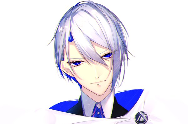 Anime picture 4500x2966 with touken ranbu nitroplus yamanbagiri chougi motsuni (lxxe1120) single looking at viewer fringe highres short hair blue eyes simple background hair between eyes white background absurdres silver hair head tilt face boy