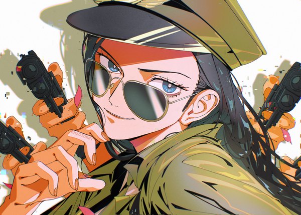 Anime picture 2800x2000 with one piece toei animation nico robin mygiorni single long hair highres blue eyes black hair smile signed upper body shadow twitter username extra arms girl weapon gun sunglasses peaked cap