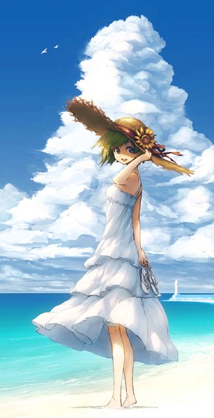 Anime picture 1015x1980 with original pixiv fantasia pixiv pixiv girls collection 2012 garuku single tall image fringe short hair open mouth holding green eyes sky cloud (clouds) barefoot green hair wind bare legs legs beach