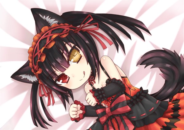 Anime picture 4961x3508 with date a live tokisaki kurumi greenteaneko single long hair looking at viewer blush highres black hair red eyes twintails animal ears yellow eyes absurdres tail lying animal tail heterochromia on side chibi