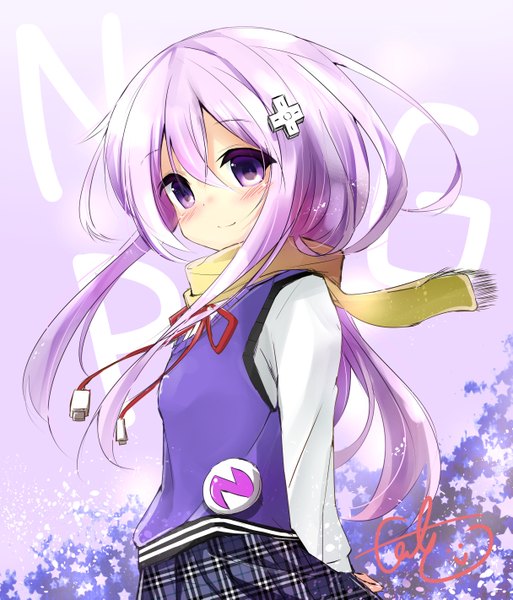 Anime picture 1215x1421 with choujigen game neptune nepgear kouda suzu single long hair tall image blush hair between eyes purple eyes signed purple hair light smile looking down hands behind back purple background girl hairclip scarf