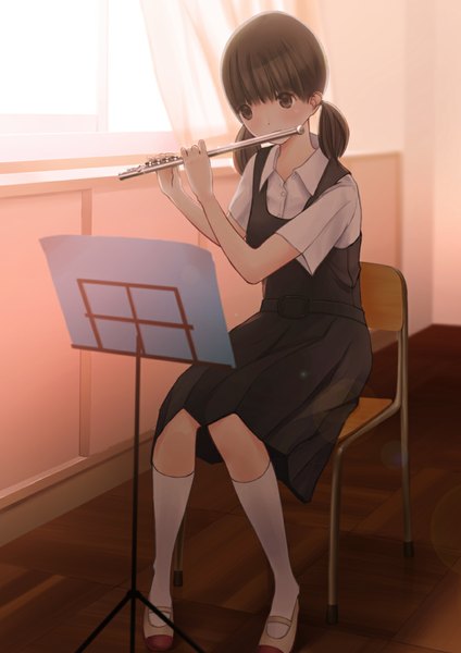 Anime picture 826x1169 with original chikuwa (odennabe) long hair tall image blush black hair sitting twintails brown eyes girl uniform school uniform socks white socks musical instrument flute