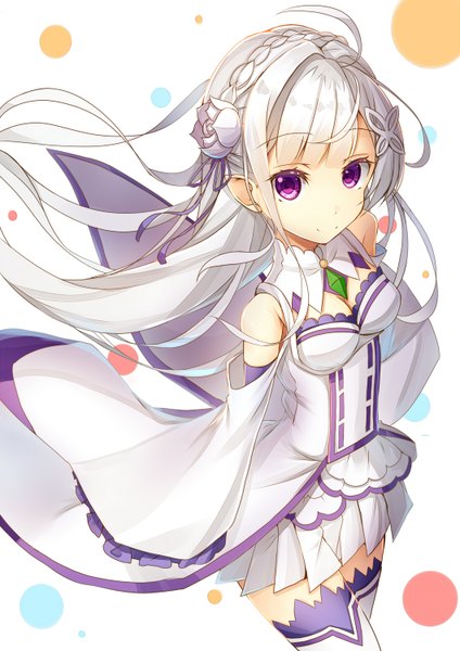 Anime picture 1060x1500 with re:zero kara hajimeru isekai seikatsu white fox emilia (re:zero) if (asita) single long hair tall image looking at viewer fringe breasts simple background smile white background purple eyes bare shoulders cleavage silver hair ahoge braid (braids) long sleeves