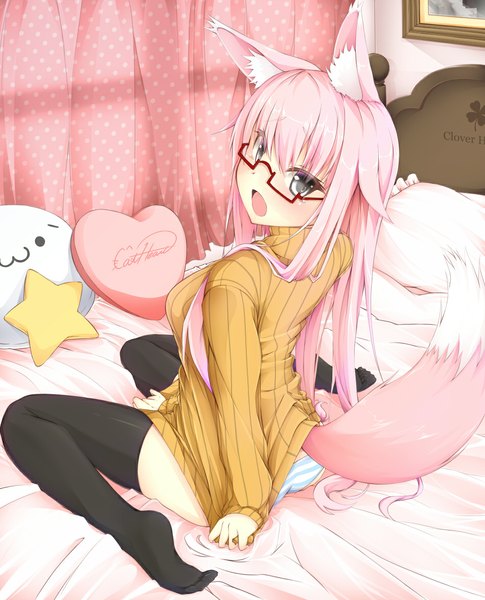 Anime picture 949x1175 with original jougen single long hair tall image blush open mouth blue eyes light erotic animal ears pink hair tail animal tail looking back girl thighhighs underwear panties black thighhighs glasses