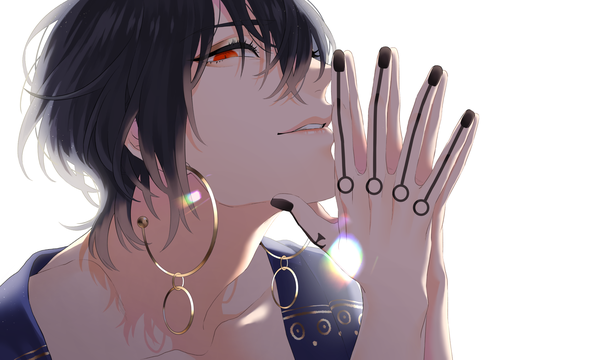 Anime picture 2500x1500 with original xxxsenon single looking at viewer fringe highres short hair black hair simple background hair between eyes red eyes wide image white background nail polish parted lips tattoo lens flare close-up black nail polish hands clasped