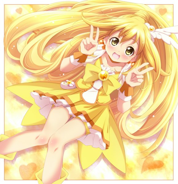 Anime picture 965x1000 with precure smile precure! toei animation kise yayoi cure peace sui. (ayase) single long hair tall image blush open mouth blonde hair yellow eyes :d victory girl dress bow hairband