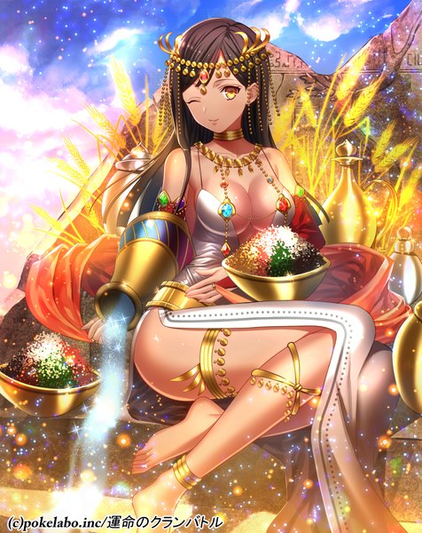 Anime picture 794x1000 with fuji minako single long hair tall image looking at viewer breasts light erotic black hair sitting yellow eyes one eye closed wink girl dress hair ornament water