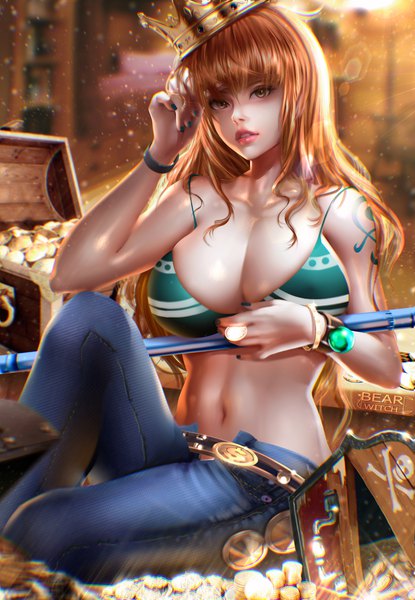 Anime picture 3000x4330 with one piece toei animation nami (one piece) bearwitch single long hair tall image looking at viewer fringe highres breasts light erotic hair between eyes large breasts sitting holding brown eyes signed cleavage bent knee (knees)