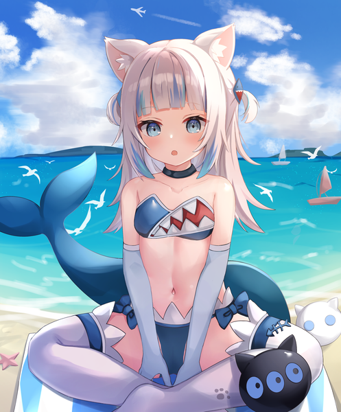 Anime picture 2400x2900 with virtual youtuber hololive hololive english gawr gura nekopurin (nyanko prin) single long hair tall image looking at viewer blush fringe highres open mouth blue eyes light erotic sitting animal ears blue hair sky cloud (clouds)