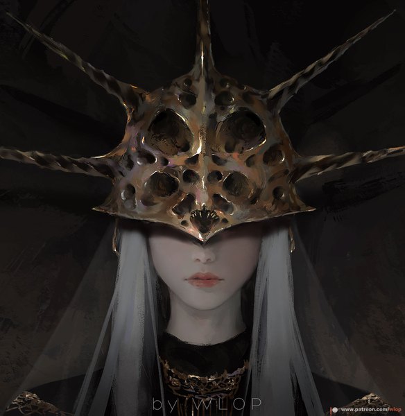 Anime picture 1447x1487 with dark souls (series) dark souls from software dark sun gwyndolin wlop single long hair tall image signed lips grey hair watermark portrait androgynous covering eye (eyes) boy helmet spikes