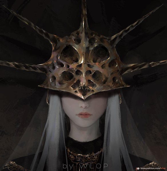 イラスト 1447x1487 と dark souls (series) dark souls from software dark sun gwyndolin wlop ソロ 長髪 長身像 signed lips grey hair watermark portrait androgynous covering eye (eyes) 男性 ヘルメット spikes