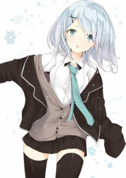Anime picture 700x988 with original kojiki-life single long hair tall image looking at viewer open mouth blue eyes blue hair long sleeves girl thighhighs uniform hair ornament black thighhighs school uniform shirt necktie white shirt bobby pin