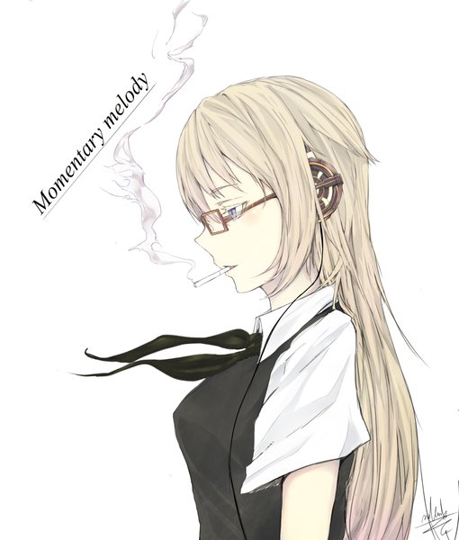 Anime picture 1040x1222 with original marumoru single long hair tall image blush simple background blonde hair white background purple eyes signed profile inscription smoke girl glasses headphones wire (wires) cigarette