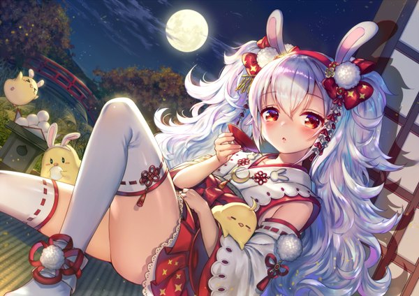 Anime picture 1414x1000 with azur lane manjuu (azur lane) laffey (azur lane) poshii single long hair looking at viewer blush fringe open mouth hair between eyes red eyes sitting twintails holding animal ears silver hair bent knee (knees) traditional clothes japanese clothes