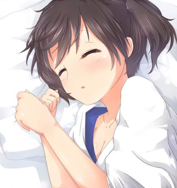 Anime picture 1411x1500 with kantai collection kaga aircraft carrier kisa (k isa) single tall image blush fringe short hair breasts open mouth brown hair cleavage ponytail eyes closed side ponytail sleeping girl pillow