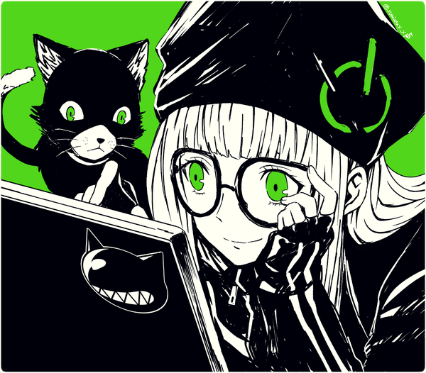Anime picture 1200x1052 with persona 5 persona sakura futaba morgana (persona 5) kawasemi sumika single long hair fringe smile green eyes looking away blunt bangs green background adjusting glasses spot color polychromatic high contrast girl animal glasses