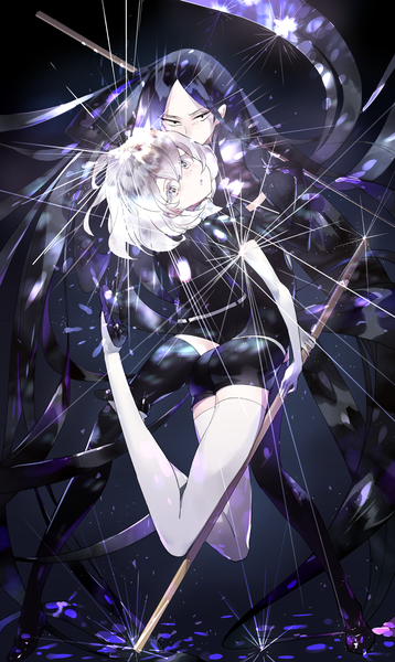 Anime picture 1284x2148 with houseki no kuni diamond (houseki no kuni) bort tonito tall image looking at viewer fringe short hair black hair hair between eyes silver hair bent knee (knees) very long hair arched back shiny androgynous thighhighs gloves uniform black thighhighs