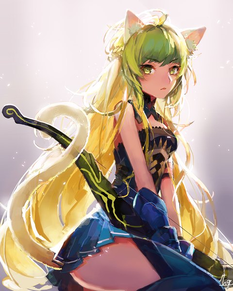 Anime picture 800x1001 with fate (series) fate/grand order fate/apocrypha atalanta (fate) hg (pixiv16108795) single long hair tall image looking at viewer fringe breasts simple background blonde hair sitting holding green eyes animal ears payot ahoge bent knee (knees)