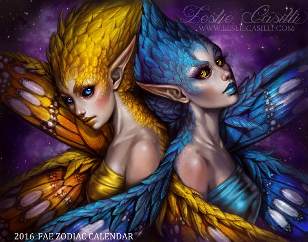 Anime picture 1100x864 with calendar project (enchantress-lele) gemini (calendar project) enchantress-lele looking at viewer blue eyes bare shoulders multiple girls yellow eyes pointy ears lipstick insect wings butterfly wings blue lipstick yellow lipstick girl 2 girls wings