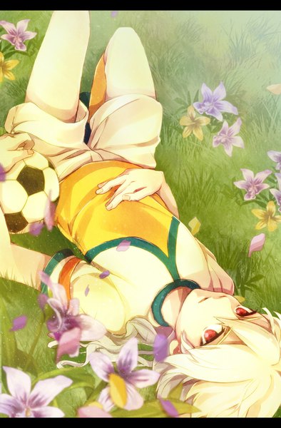 Anime picture 657x1000 with inazuma eleven inazuma eleven go hakuryuu (inazuma eleven) atea single long hair tall image looking at viewer red eyes white hair lying from above boy uniform flower (flowers) petals gym uniform ball soccer ball soccer uniform