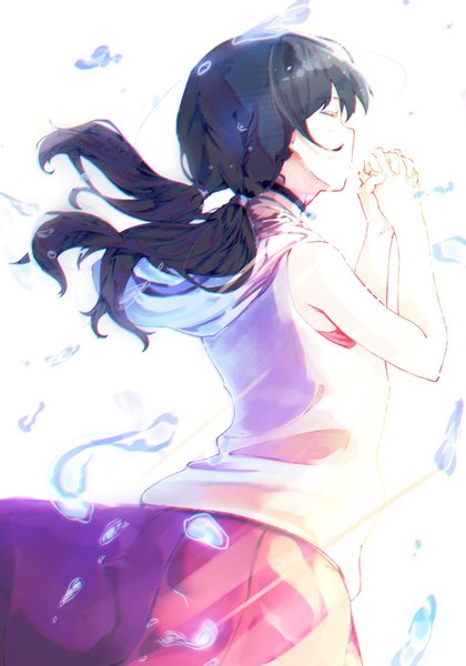Anime picture 1434x2048 with tenki no ko amano hina (tenki no ko) tamiku (shisyamo609) single long hair tall image fringe black hair simple background standing white background twintails bare shoulders eyes closed profile from behind sleeveless floating hair low twintails hands clasped